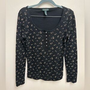 Lauren Ralph Lauren Ribbed Black Long Sleeve Scoop Neck Henley Floral Top Small
